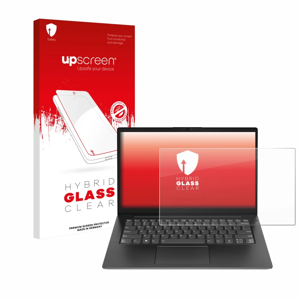 Parte frontal de un envase de producto con el logotipo de la marca upscreen. Al lado se muestra el dispositivo Lenovo V14 Gen 