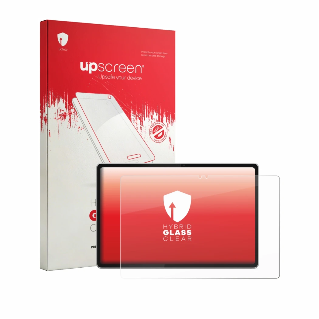 Parte frontal de un envase de producto con el logotipo de la marca upscreen. Al lado se muestra el dispositivo Lenovo Tab Plus