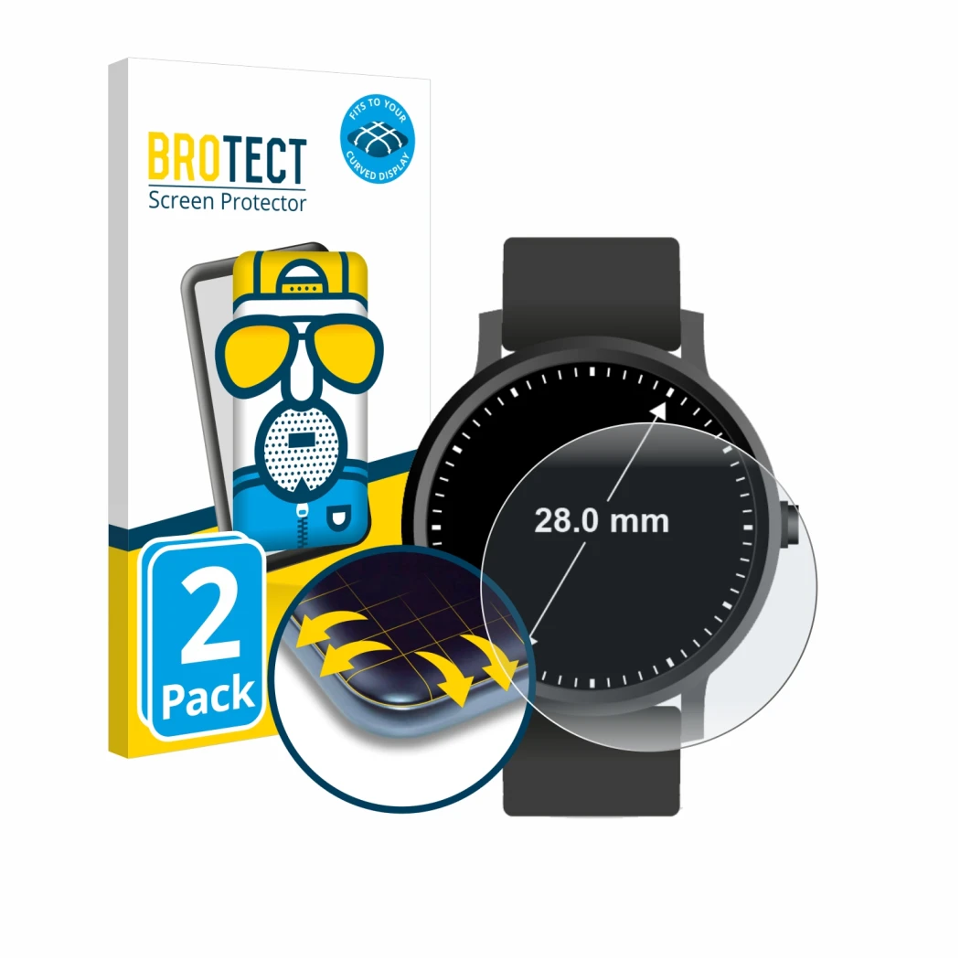 Parte frontal de un envase de producto con el logotipo de la marca BROTECT. Al lado se muestra el dispositivo Relojes (Circula