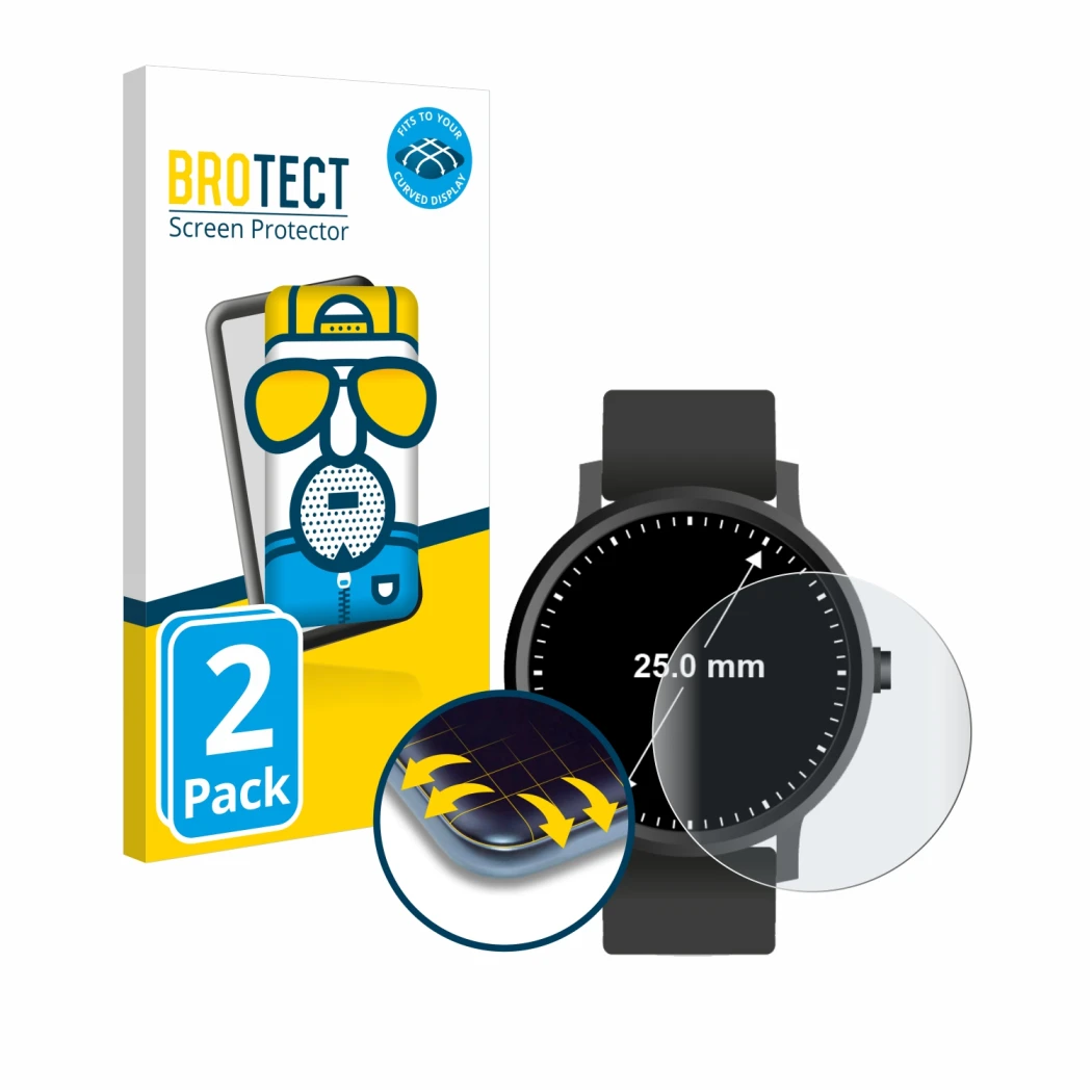 Parte frontal de un envase de producto con el logotipo de la marca BROTECT. Al lado se muestra el dispositivo Relojes (Circula