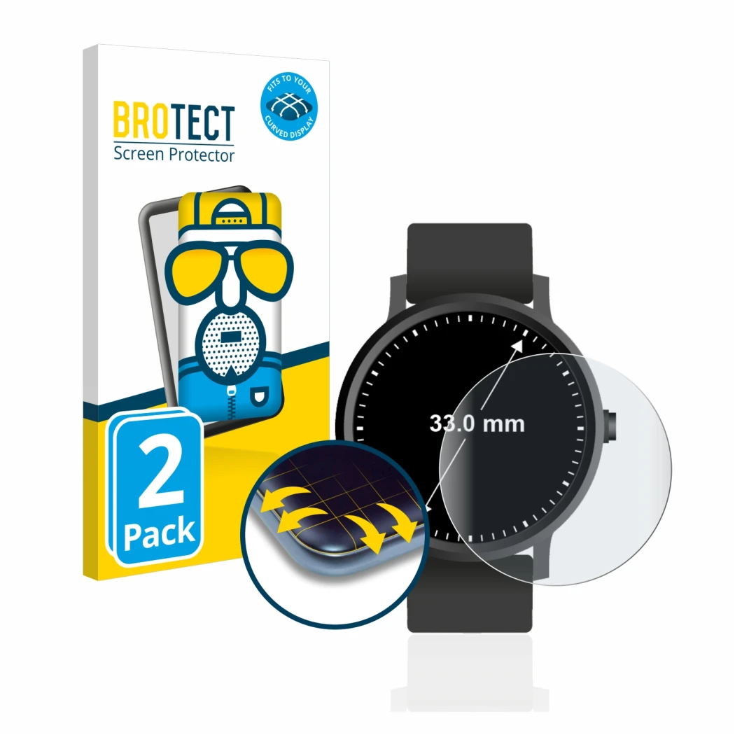 Parte frontal de un envase de producto con el logotipo de la marca BROTECT. Al lado se muestra el dispositivo Relojes (Circula