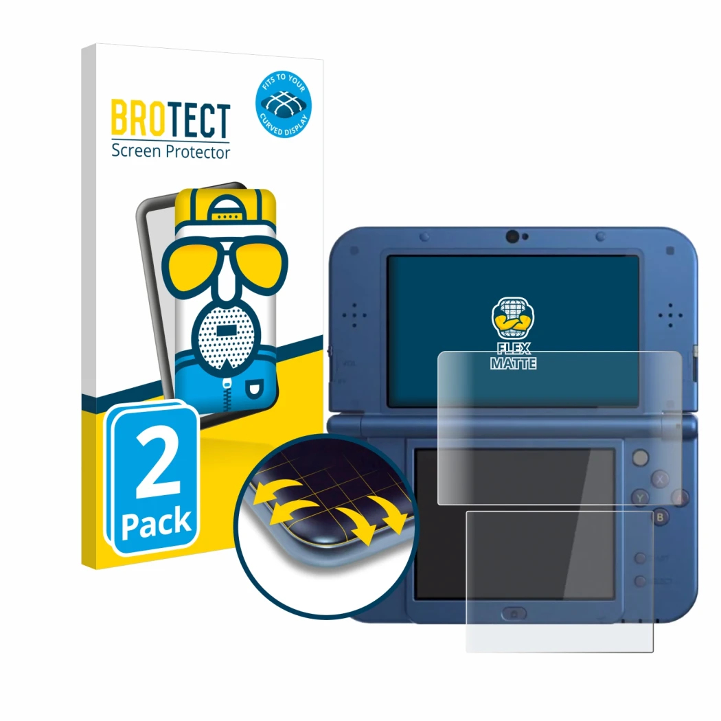 Parte frontal de un envase de producto con el logotipo de la marca BROTECT. Al lado se muestra el dispositivo Nintendo New 3DS