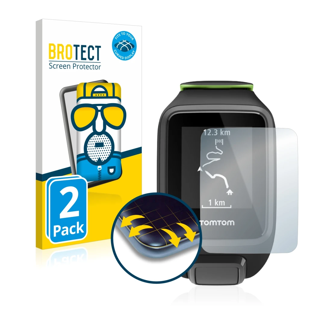 Parte frontal de un envase de producto con el logotipo de la marca BROTECT. Al lado se muestra el dispositivo TomTom Runner 3 