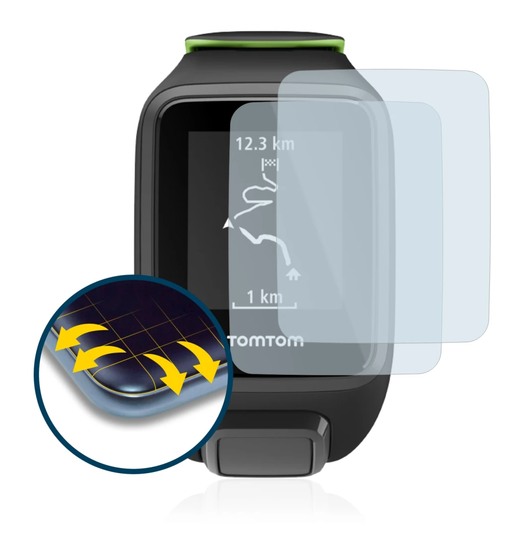 Imagen del dispositivo TomTom Runner 3 con una amplia variedad de protectores de pantalla.