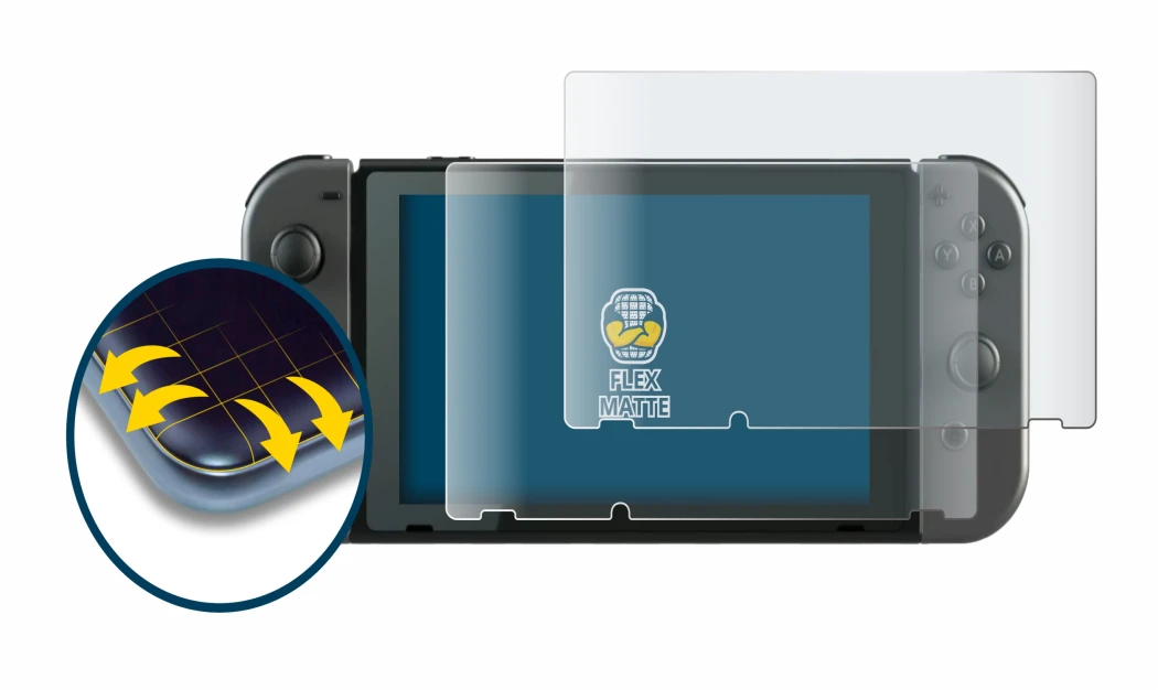 Imagen del dispositivo Nintendo Switch con una amplia variedad de protectores de pantalla.