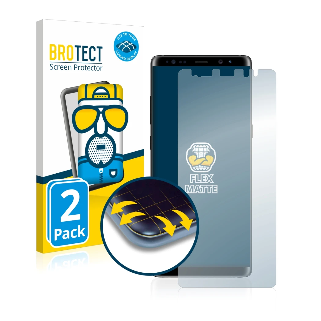 Parte frontal de un envase de producto con el logotipo de la marca BROTECT. Al lado se muestra el dispositivo Samsung Galaxy N