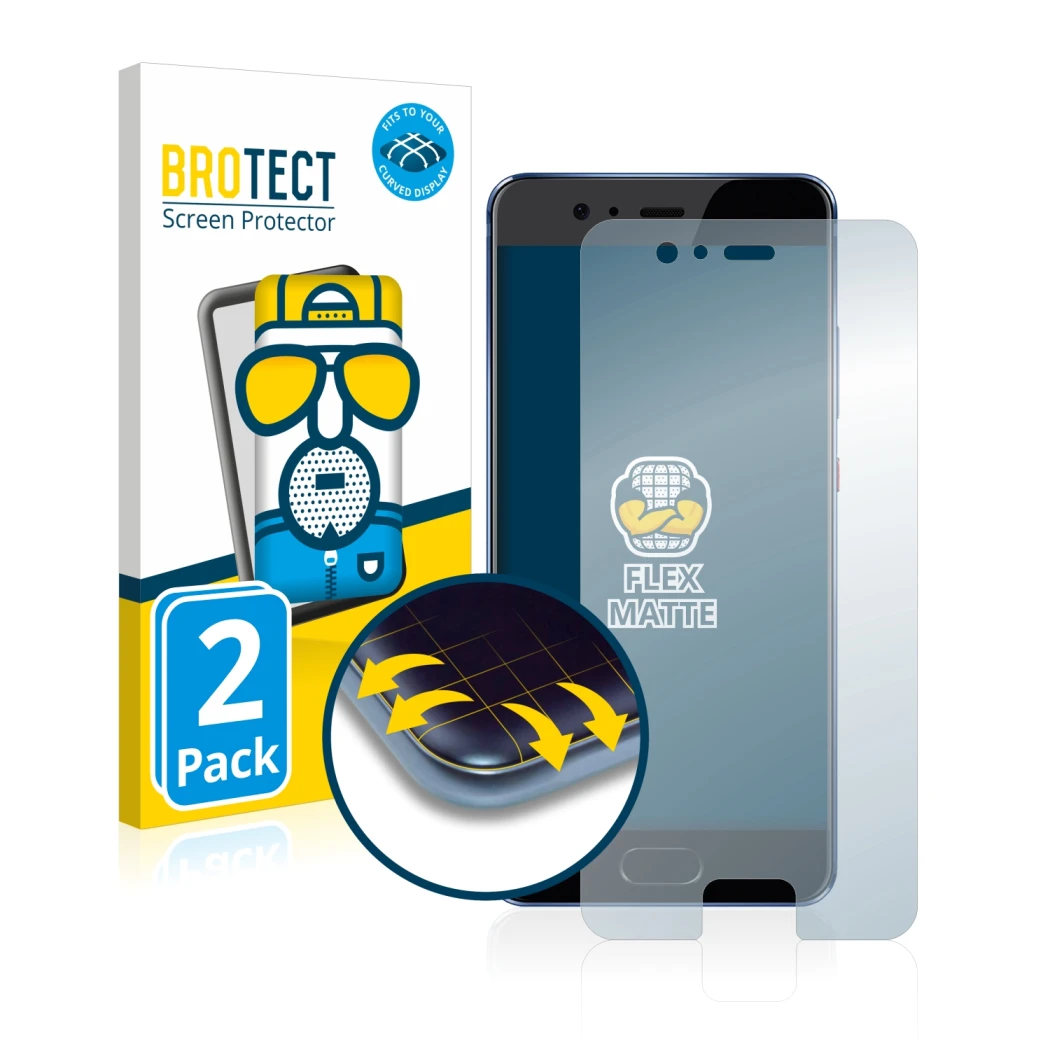 Parte frontal de un envase de producto con el logotipo de la marca BROTECT. Al lado se muestra el dispositivo Huawei P10 con s