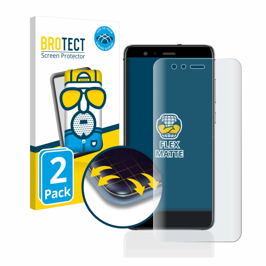 Parte frontal de un envase de producto con el logotipo de la marca BROTECT. Al lado se muestra el dispositivo Huawei P10 Lite 