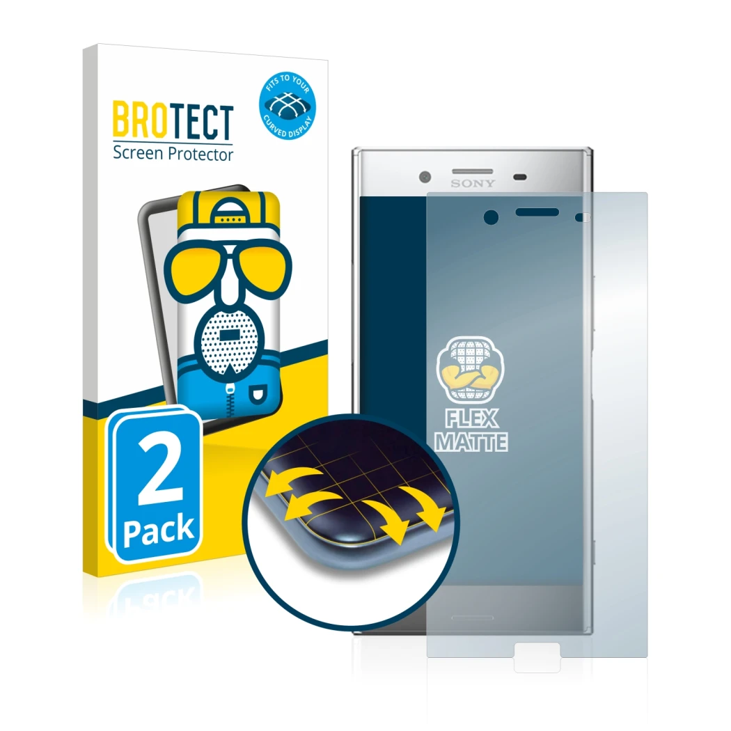 Parte frontal de un envase de producto con el logotipo de la marca BROTECT. Al lado se muestra el dispositivo Sony Xperia XZ P