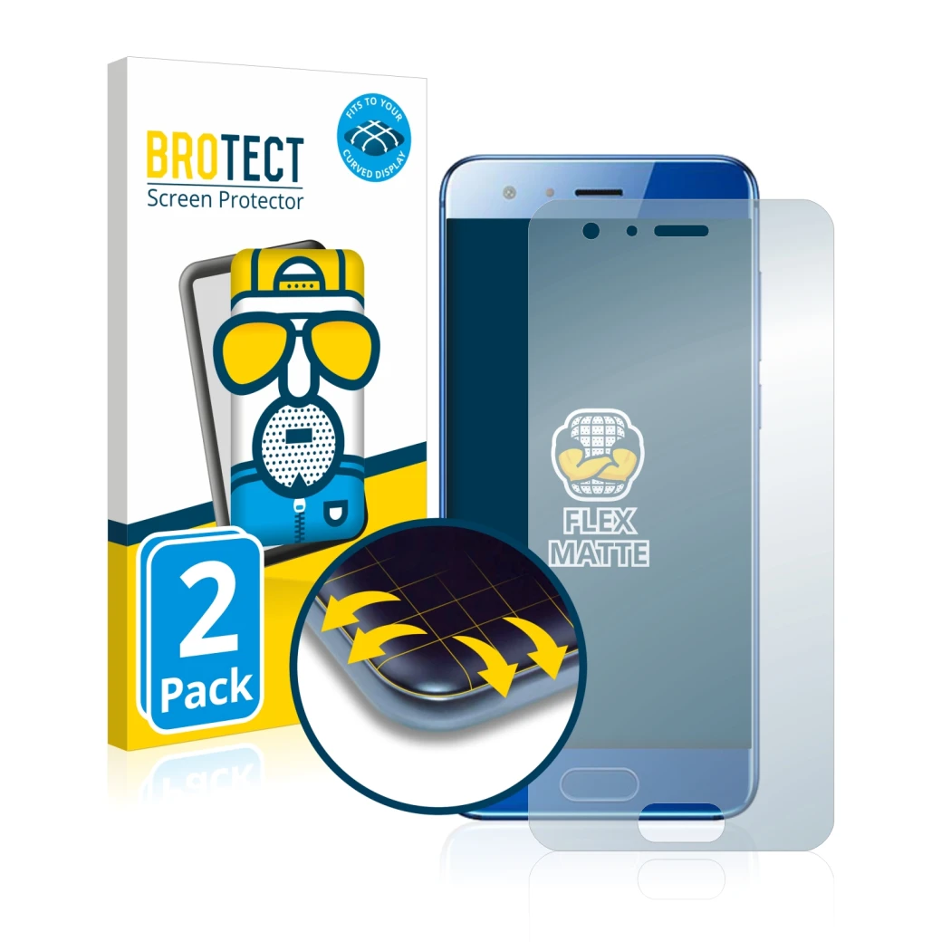 Parte frontal de un envase de producto con el logotipo de la marca BROTECT. Al lado se muestra el dispositivo Honor 9 con su p
