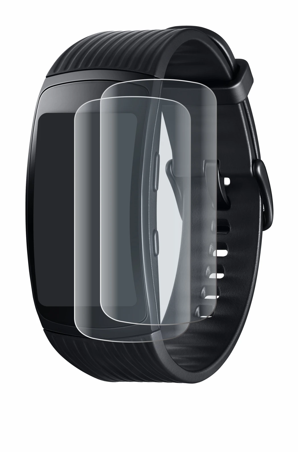 Imagen del dispositivo Samsung Gear Fit 2 Pro con una amplia variedad de protectores de pantalla.