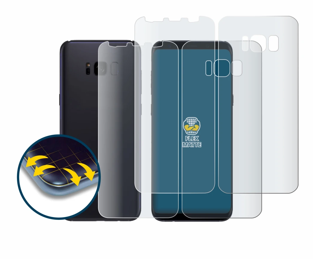 Imagen del dispositivo Samsung Galaxy S8 (Frontal+Trasero) con una amplia variedad de protectores de pantalla.