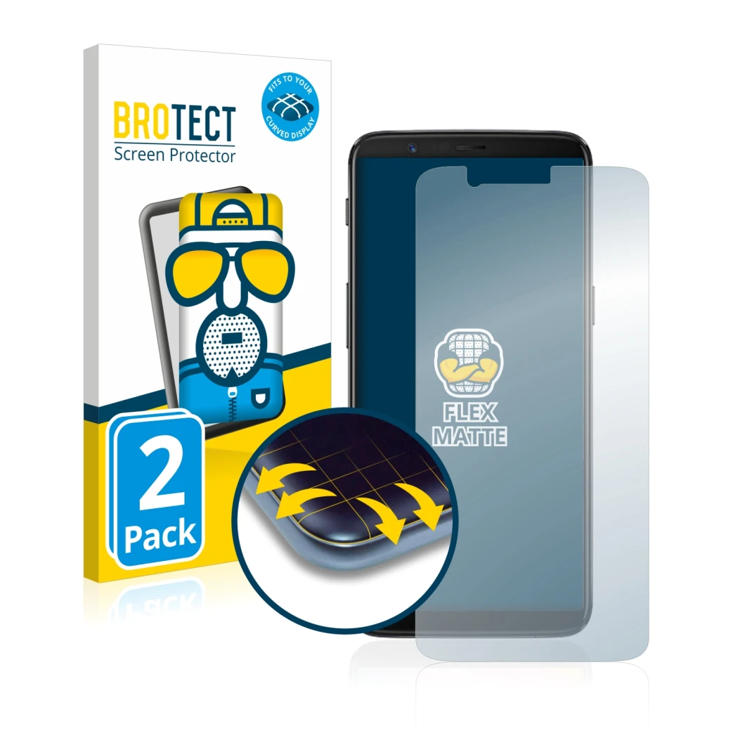 Parte frontal de un envase de producto con el logotipo de la marca BROTECT. Al lado se muestra el dispositivo OnePlus 5T con s