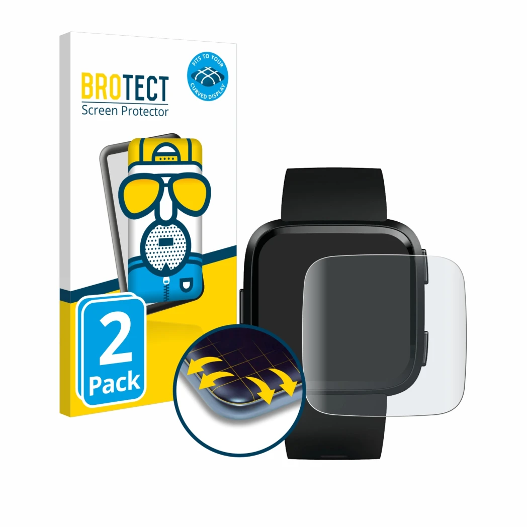 Parte frontal de un envase de producto con el logotipo de la marca BROTECT. Al lado se muestra el dispositivo Fitbit Versa con