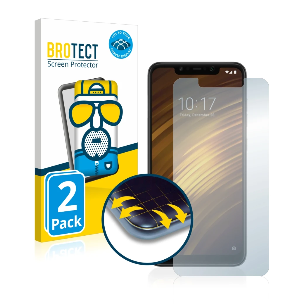 Parte frontal de un envase de producto con el logotipo de la marca BROTECT. Al lado se muestra el dispositivo Xiaomi Pocophone