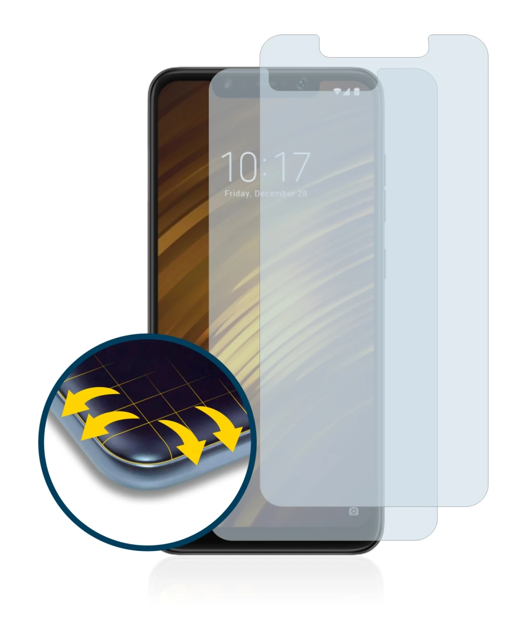 Imagen del dispositivo Xiaomi Pocophone F1 con una amplia variedad de protectores de pantalla.