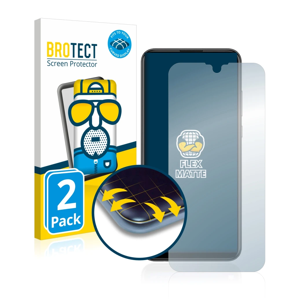 Parte frontal de un envase de producto con el logotipo de la marca BROTECT. Al lado se muestra el dispositivo Huawei P smart 2