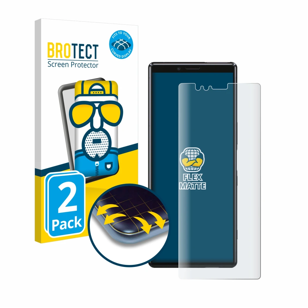 Parte frontal de un envase de producto con el logotipo de la marca BROTECT. Al lado se muestra el dispositivo Sony Xperia 1 co