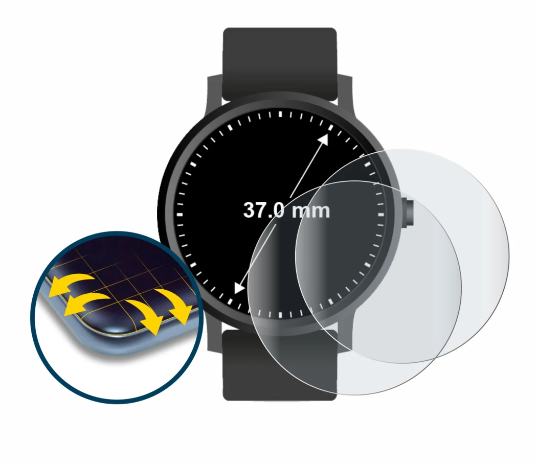 Imagen del dispositivo Circular Displays (ø: 37 mm) con una amplia variedad de protectores de pantalla.