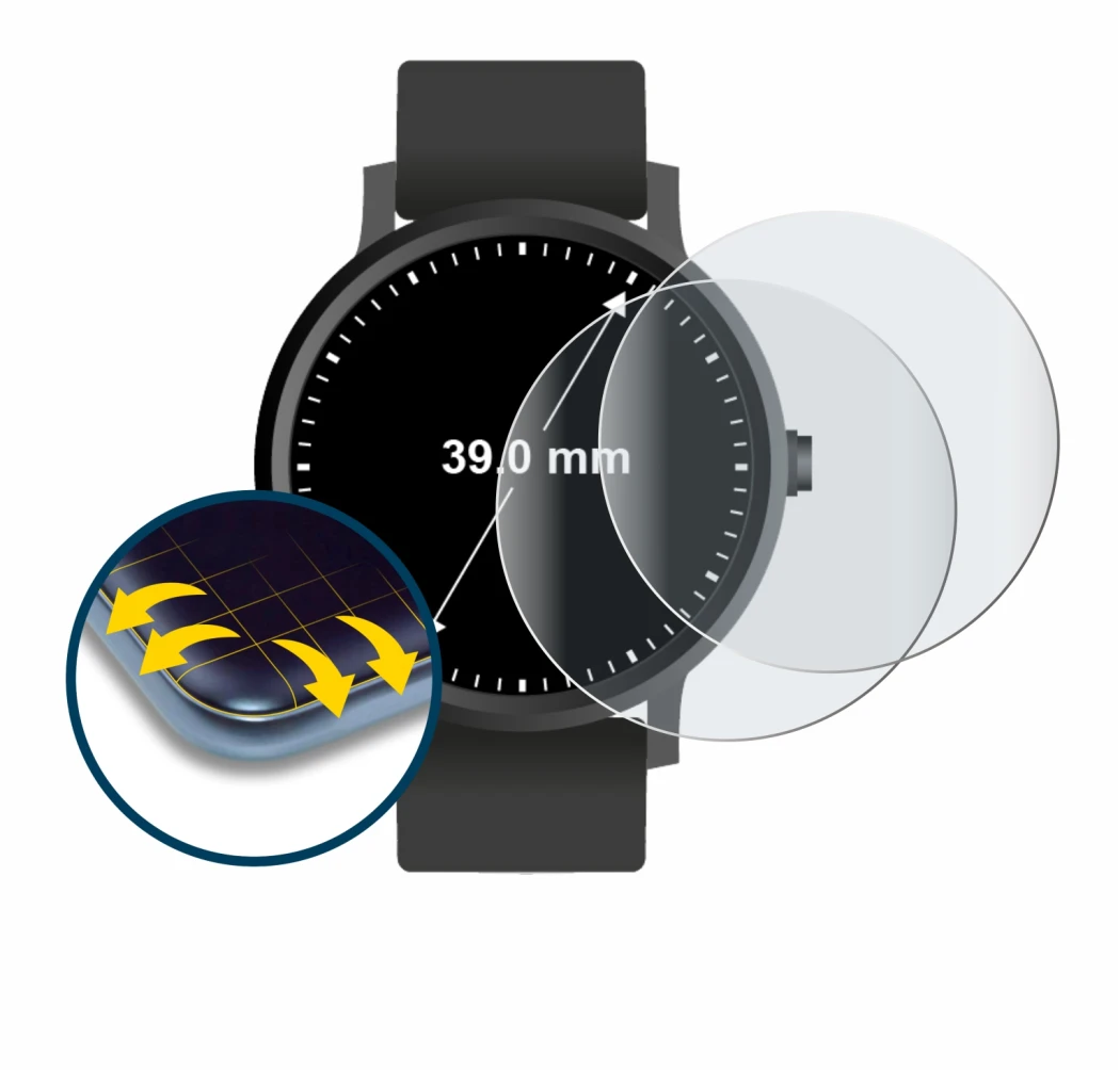 Imagen del dispositivo Circular Displays (ø: 39 mm) con una amplia variedad de protectores de pantalla.
