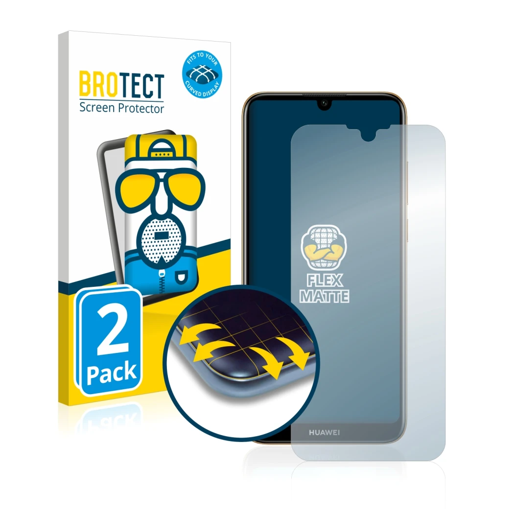 Parte frontal de un envase de producto con el logotipo de la marca BROTECT. Al lado se muestra el dispositivo Huawei Y6 2019 c