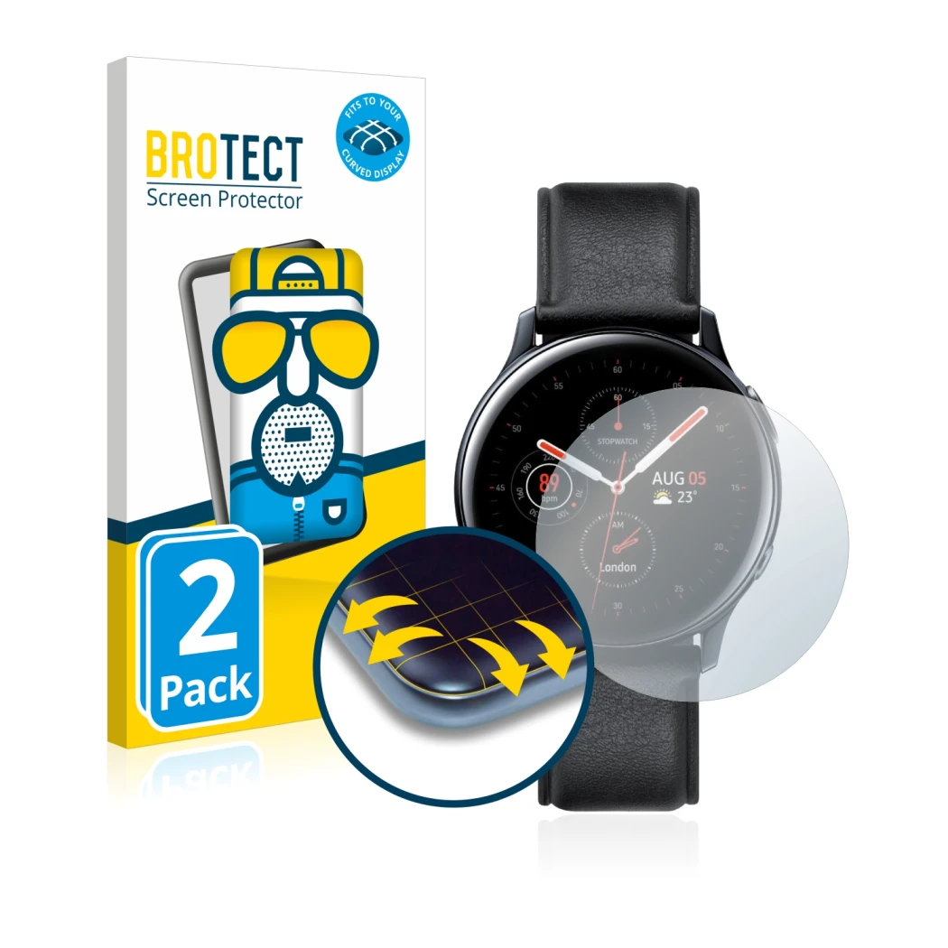 Parte frontal de un envase de producto con el logotipo de la marca BROTECT. Al lado se muestra el dispositivo Samsung Galaxy W