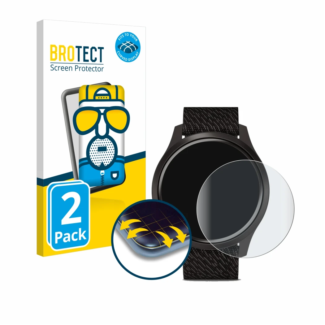 Parte frontal de un envase de producto con el logotipo de la marca BROTECT. Al lado se muestra el dispositivo Garmin vivomove 