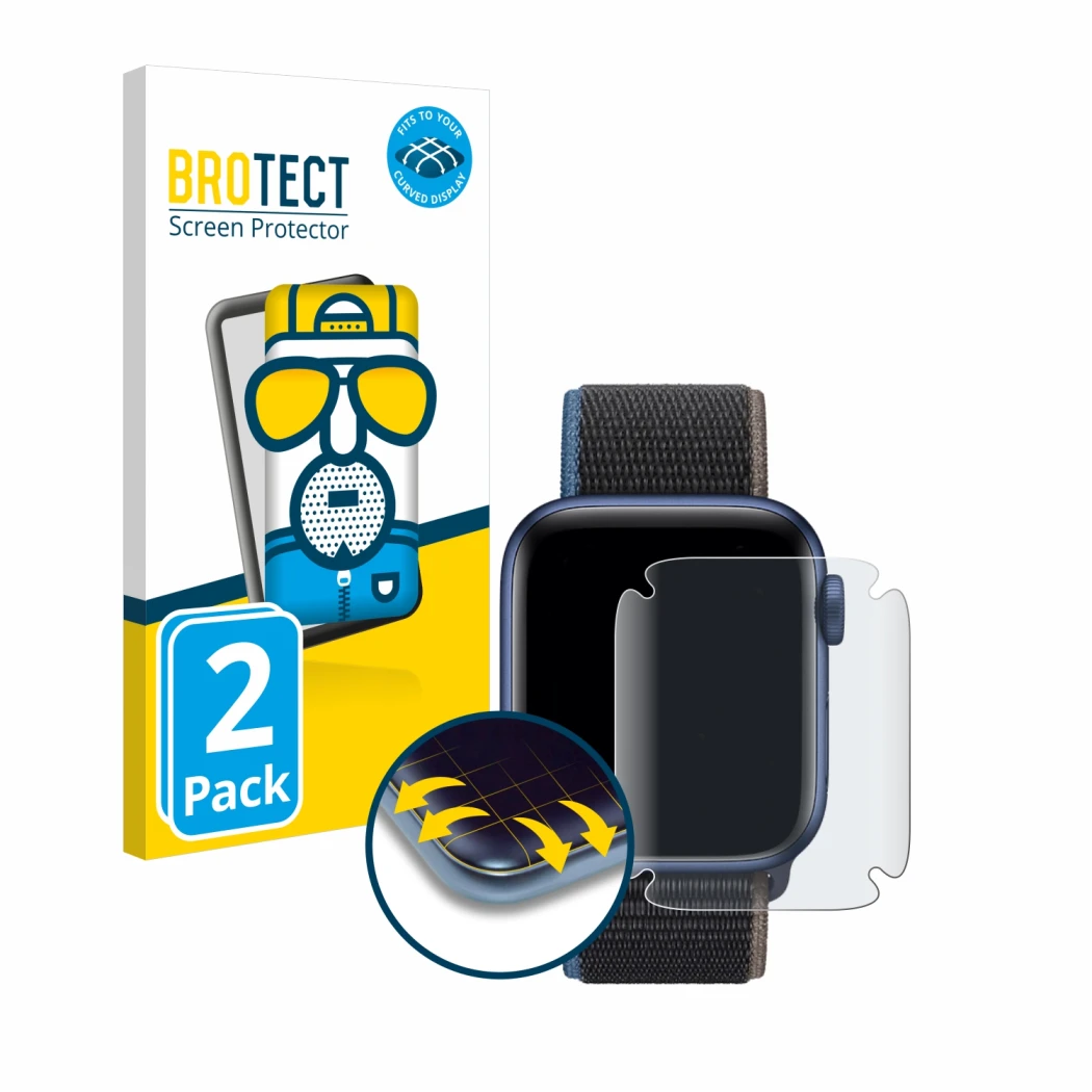 Parte frontal de un envase de producto con el logotipo de la marca BROTECT. Al lado se muestra el dispositivo Apple Watch Seri