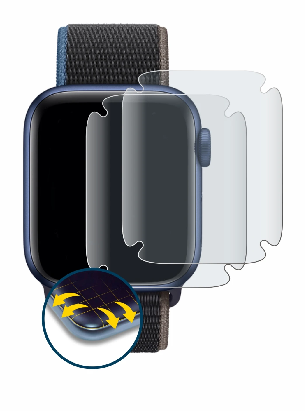 Imagen del dispositivo Apple Watch Series 6 (44 mm) con una amplia variedad de protectores de pantalla.