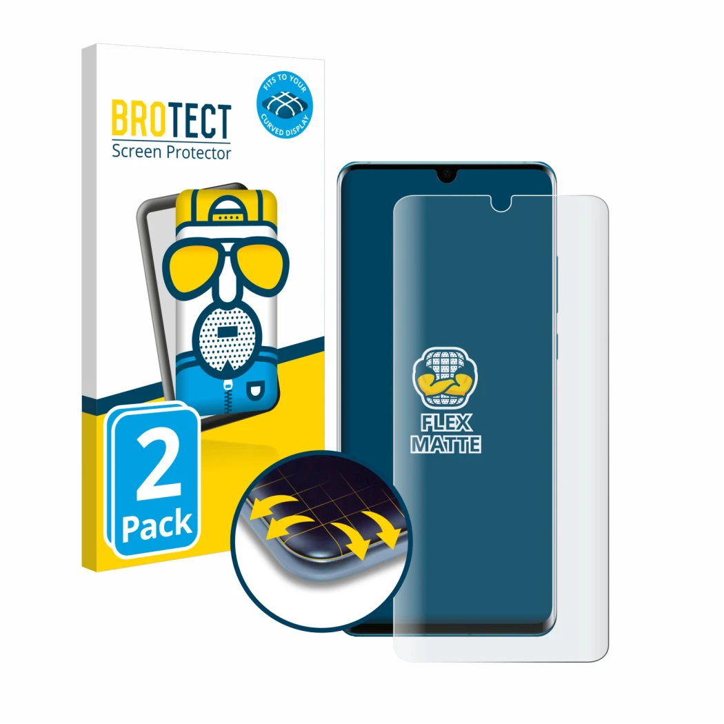 Parte frontal de un envase de producto con el logotipo de la marca BROTECT. Al lado se muestra el dispositivo Huawei P30 Pro N