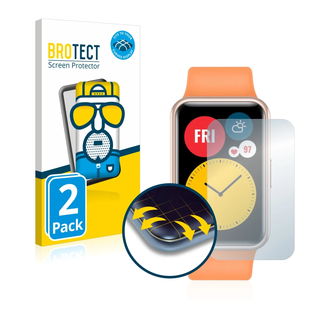 Parte frontal de un envase de producto con el logotipo de la marca BROTECT. Al lado se muestra el dispositivo Huawei Watch Fit