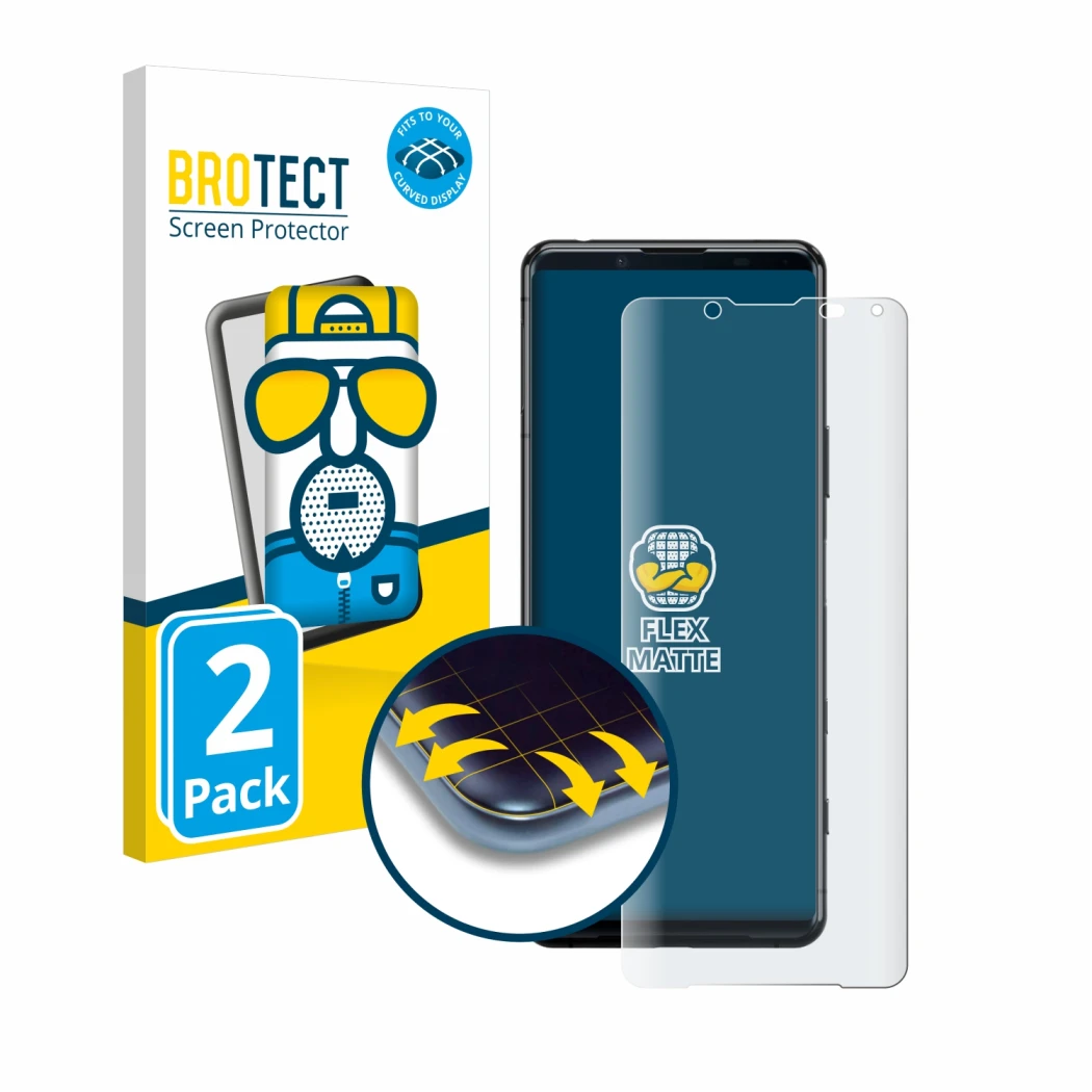 Parte frontal de un envase de producto con el logotipo de la marca BROTECT. Al lado se muestra el dispositivo Sony Xperia 5 II