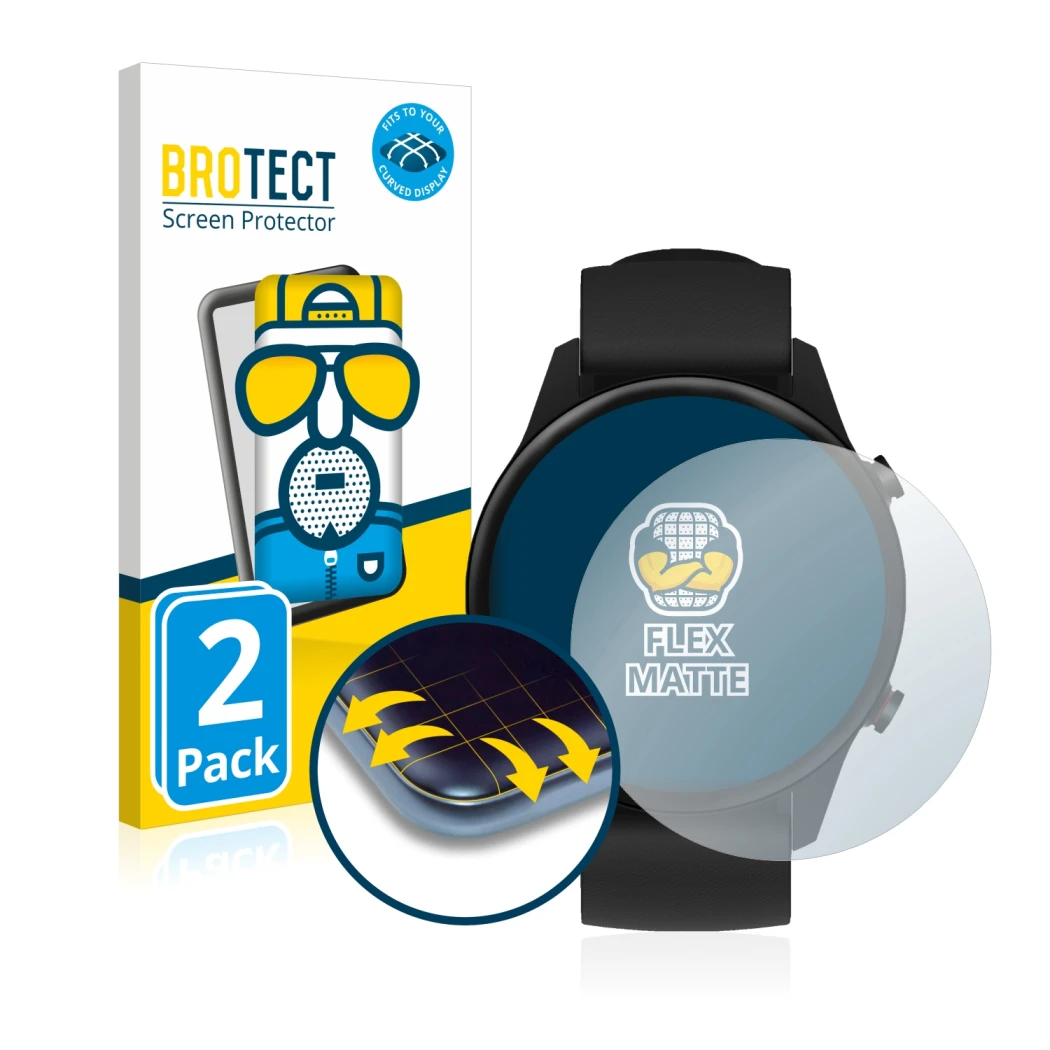Parte frontal de un envase de producto con el logotipo de la marca BROTECT. Al lado se muestra el dispositivo Xiaomi Mi Watch 