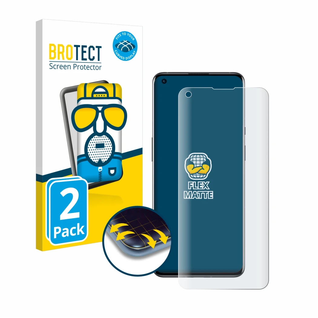 Parte frontal de un envase de producto con el logotipo de la marca BROTECT. Al lado se muestra el dispositivo OnePlus 9 Pro co