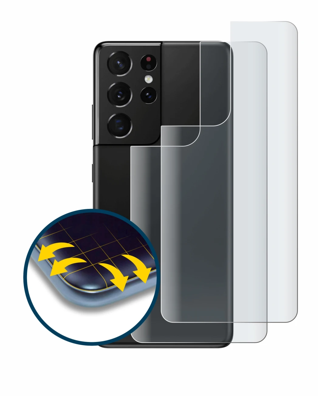 Imagen del dispositivo Samsung Galaxy S21 Ultra 5G (Trasero) con una amplia variedad de protectores de pantalla.