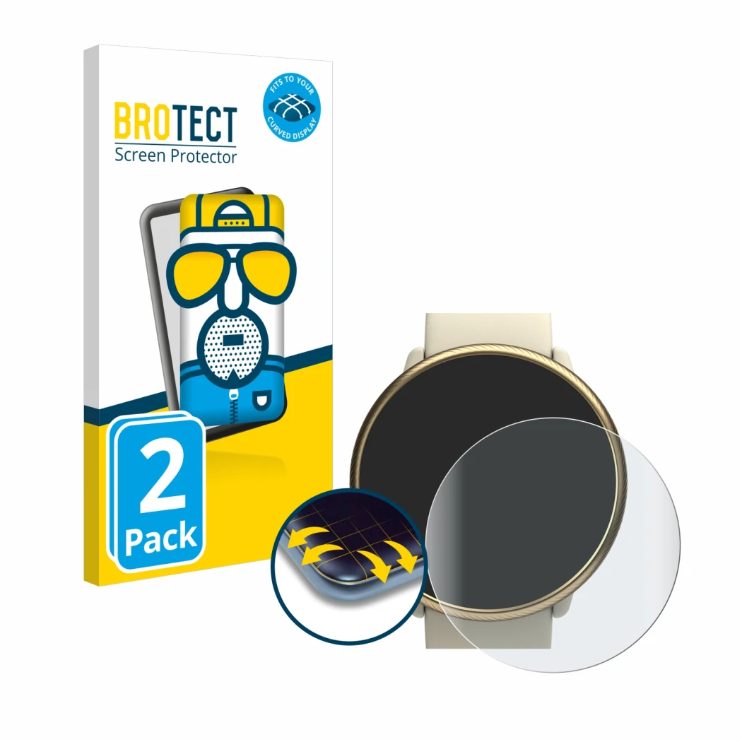 Parte frontal de un envase de producto con el logotipo de la marca BROTECT. Al lado se muestra el dispositivo Polar Ignite 2 c