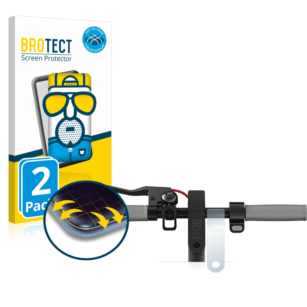 Parte frontal de un envase de producto con el logotipo de la marca BROTECT. Al lado se muestra el dispositivo Xiaomi Mi 1S con