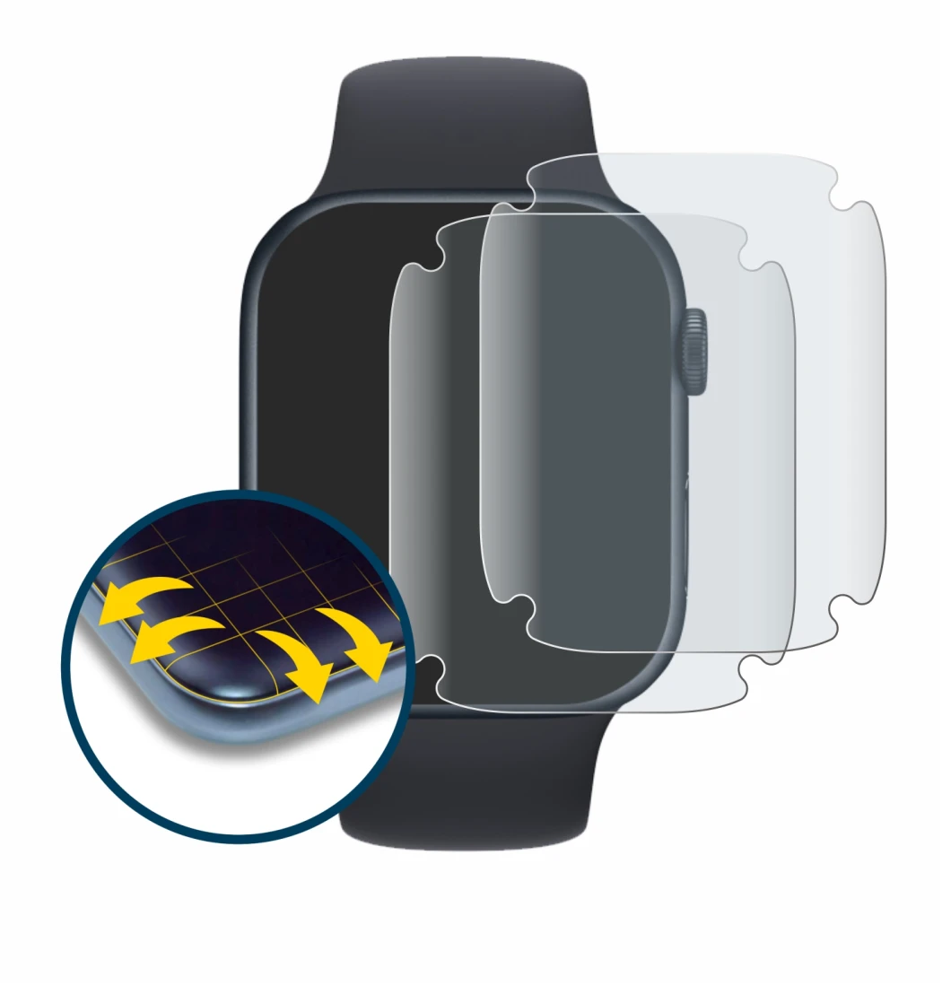 Imagen del dispositivo Apple Watch Series 7 (45 mm) con una amplia variedad de protectores de pantalla.