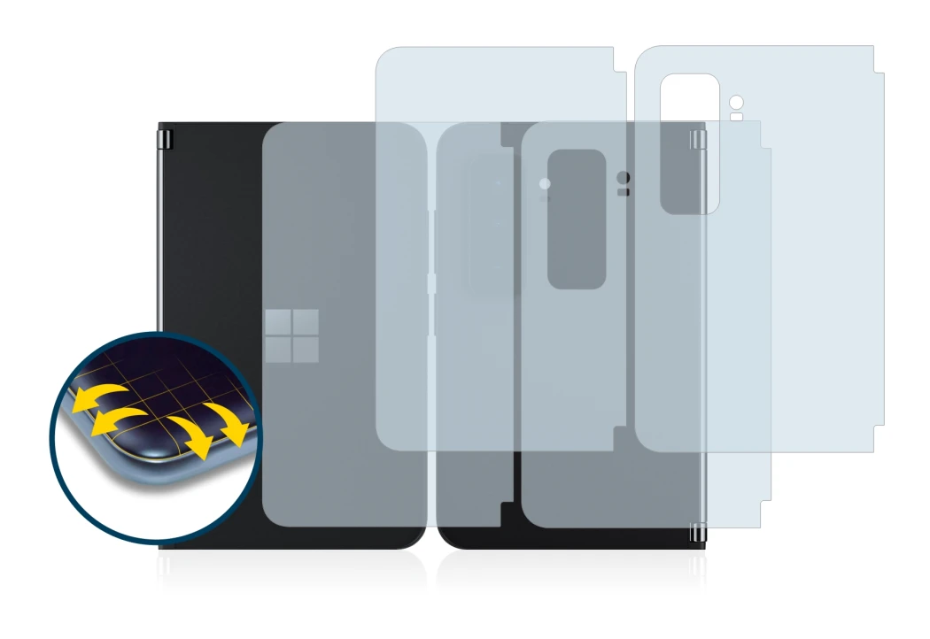 Imagen del dispositivo Microsoft Surface Duo 2 (Frontal+Trasero) con una amplia variedad de protectores de pantalla.