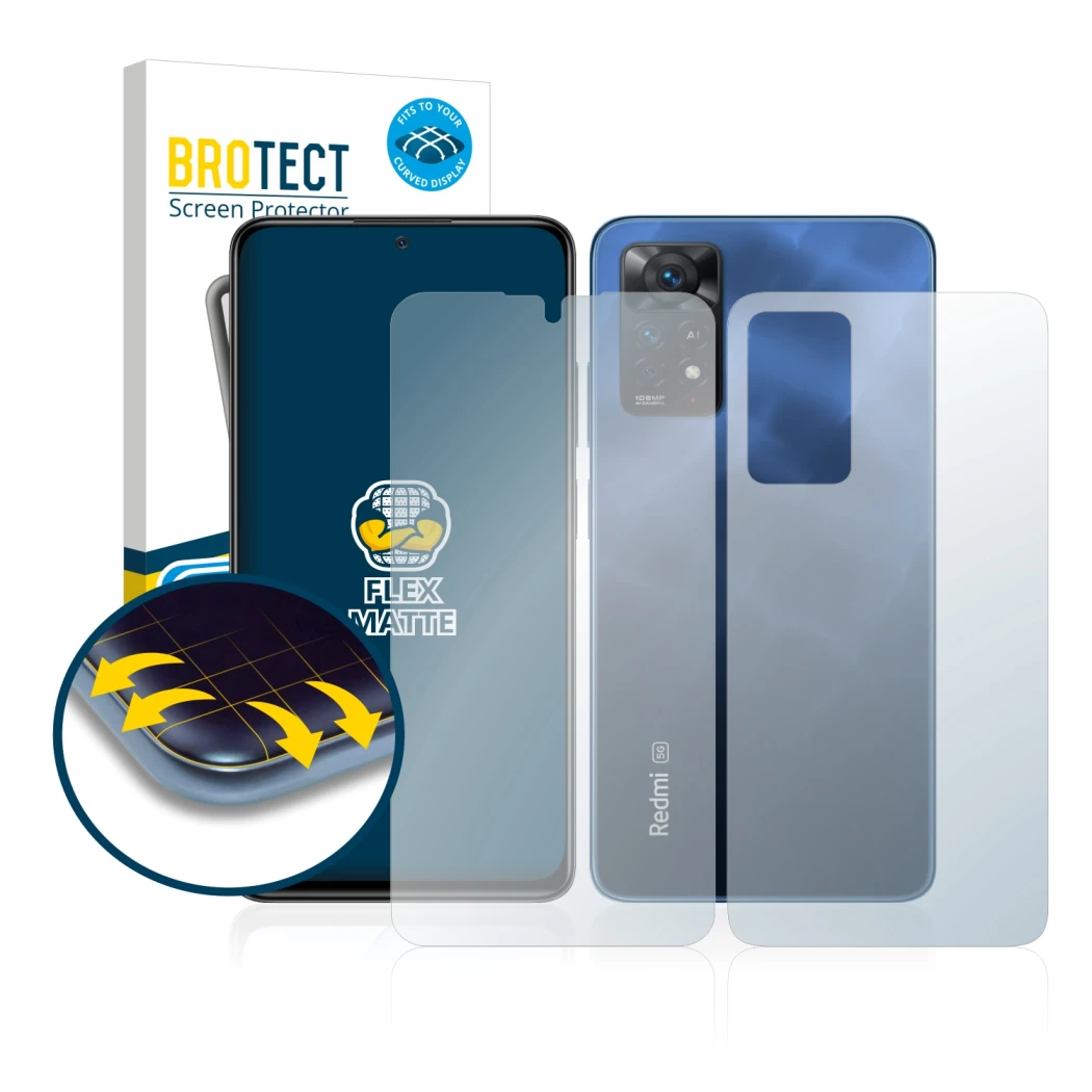 Parte frontal de un envase de producto con el logotipo de la marca BROTECT. Al lado se muestra el dispositivo Xiaomi Redmi Not