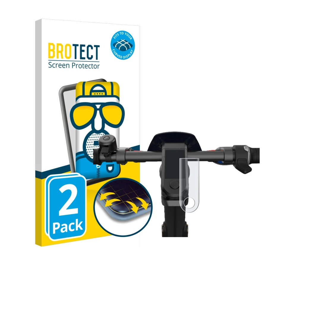 Parte frontal de un envase de producto con el logotipo de la marca BROTECT. Al lado se muestra el dispositivo NIU KQi3 Pro con