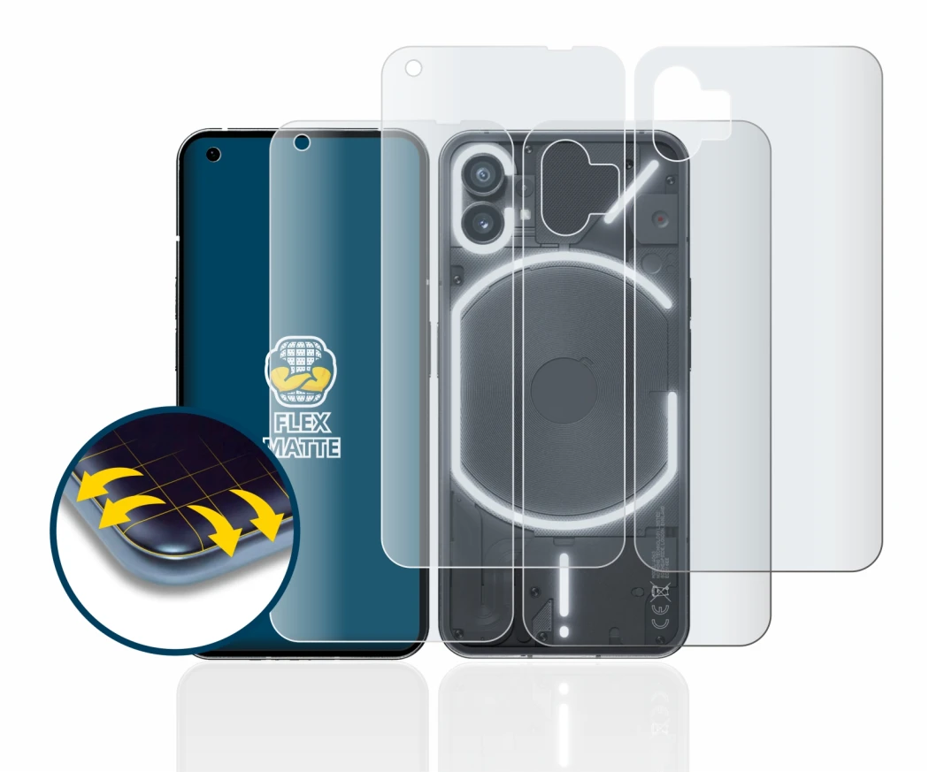 Imagen del dispositivo Nothing Phone (1) (Frontal+Trasero) con una amplia variedad de protectores de pantalla.