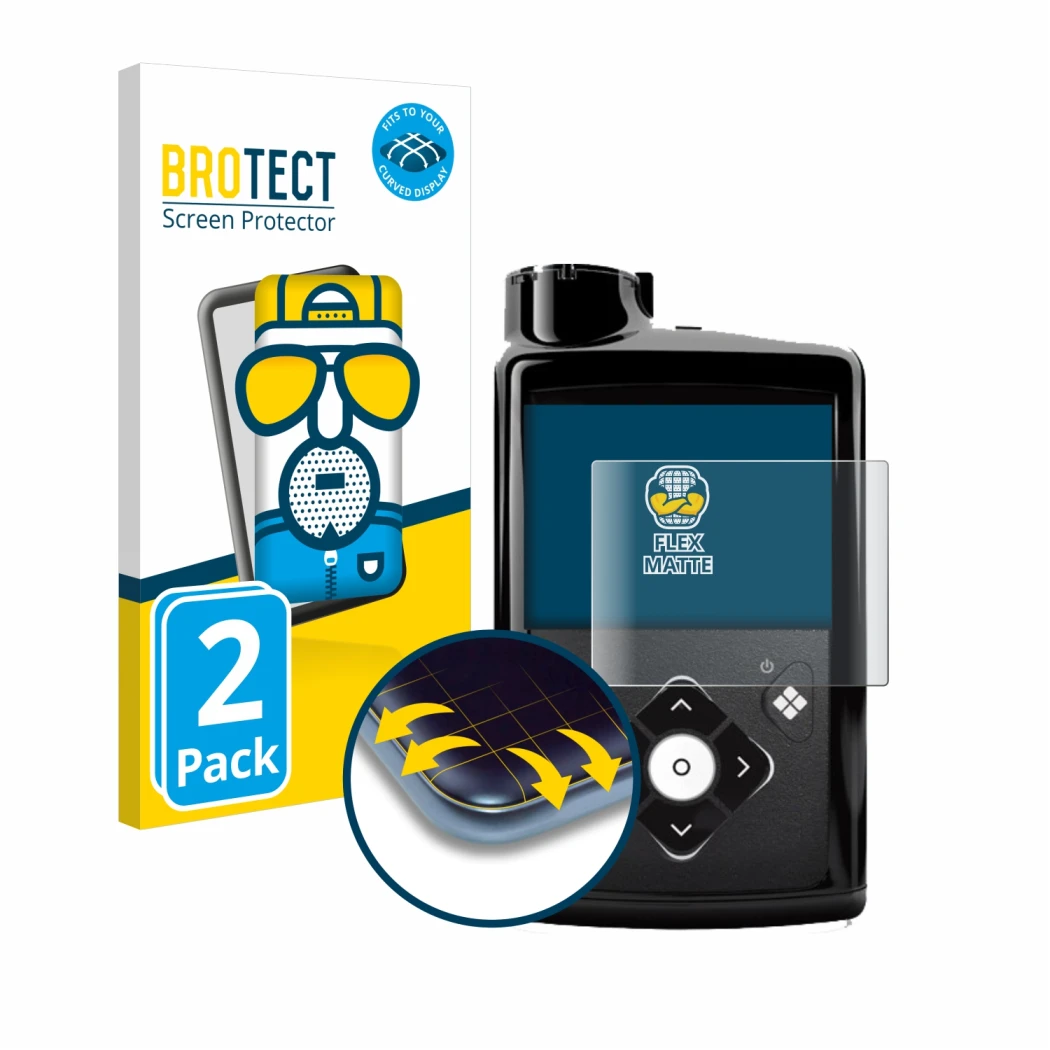 Parte frontal de un envase de producto con el logotipo de la marca BROTECT. Al lado se muestra el dispositivo Medtronic Minime