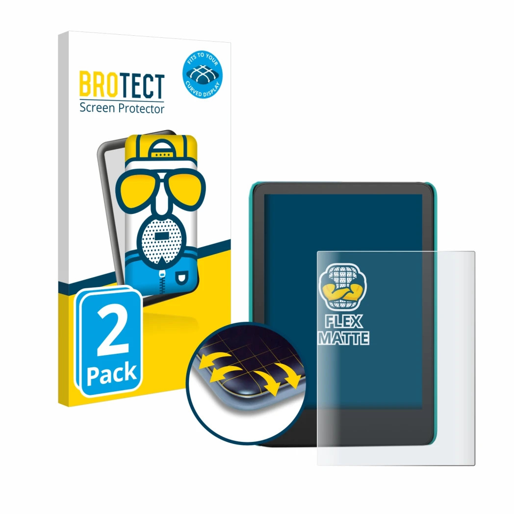 Parte frontal de un envase de producto con el logotipo de la marca BROTECT. Al lado se muestra el dispositivo Amazon Kindle Ki