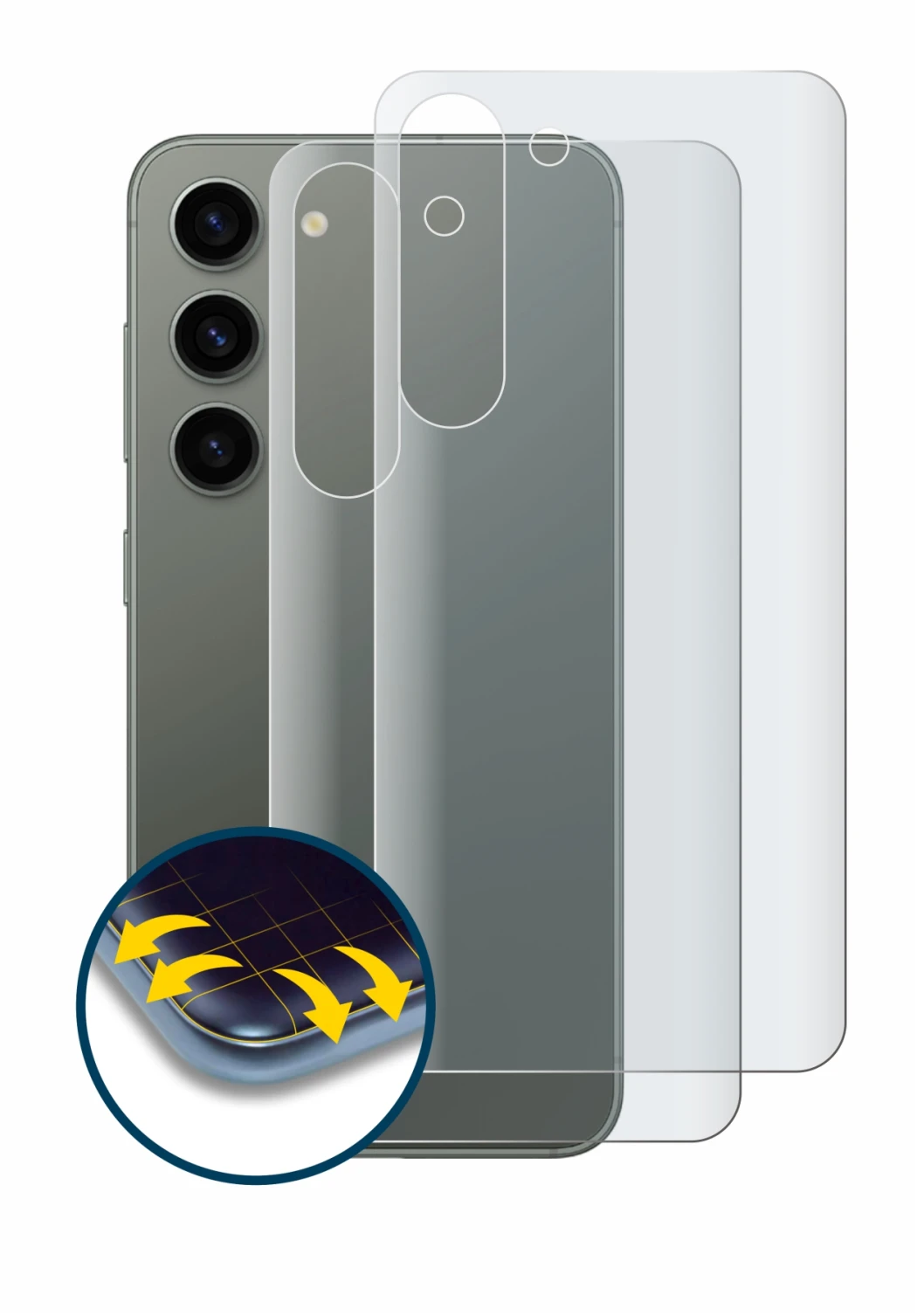 Imagen del dispositivo Samsung Galaxy S23 (Trasero) con una amplia variedad de protectores de pantalla.