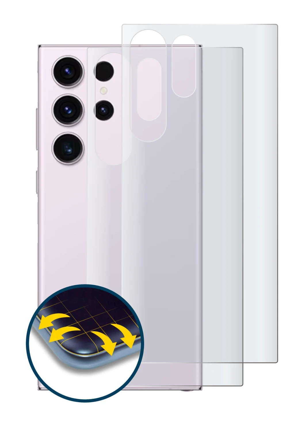 Imagen del dispositivo Samsung Galaxy S23 Ultra (Trasero) con una amplia variedad de protectores de pantalla.