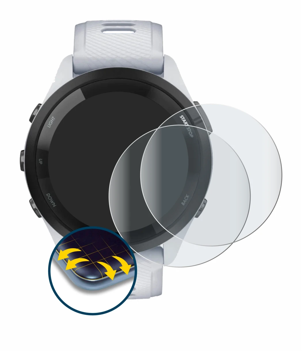 Imagen del dispositivo Garmin Forerunner 265 (46 mm) con una amplia variedad de protectores de pantalla.