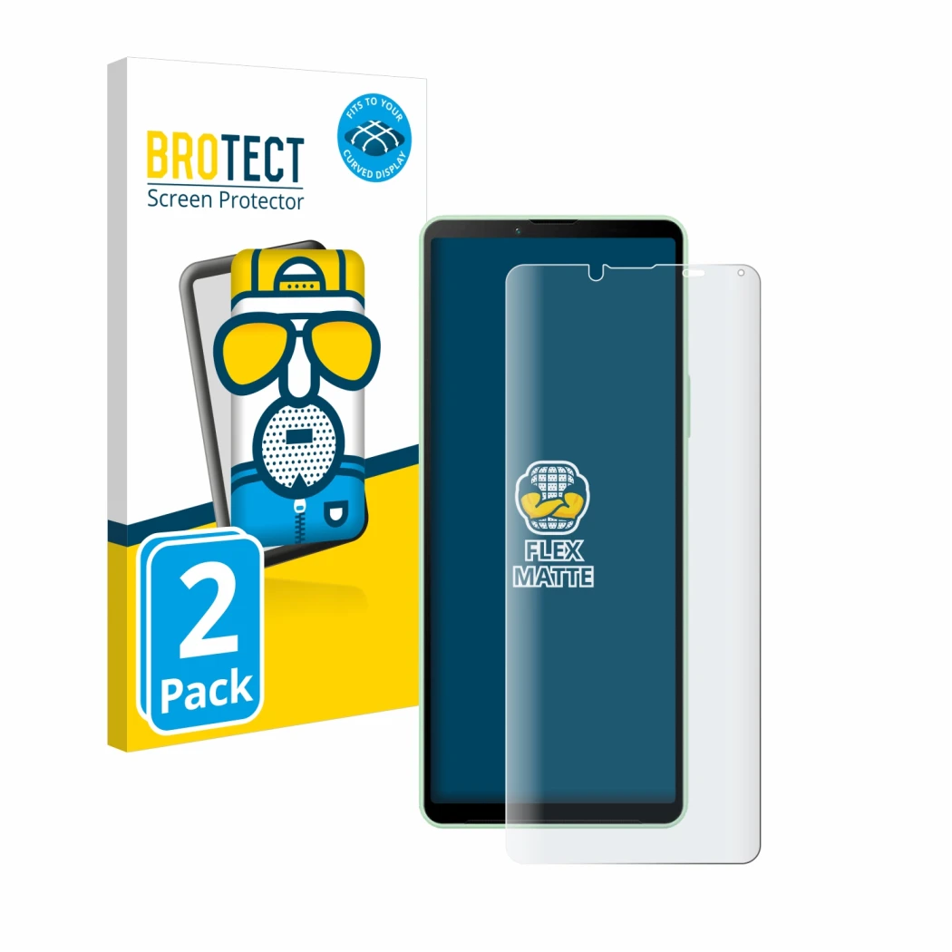 Parte frontal de un envase de producto con el logotipo de la marca BROTECT. Al lado se muestra el dispositivo Sony Xperia 10 V