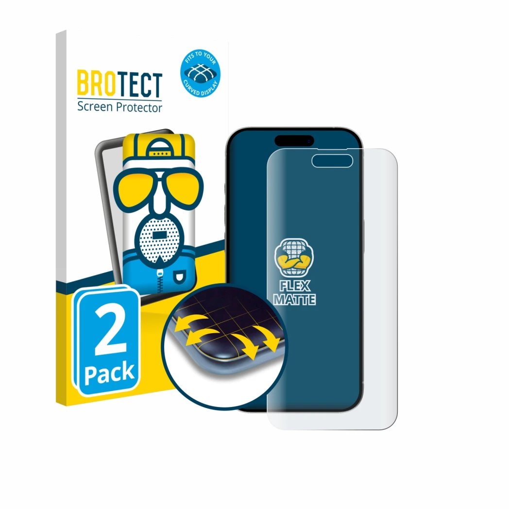 Parte frontal de un envase de producto con el logotipo de la marca BROTECT. Al lado se muestra el dispositivo Apple iPhone 15 