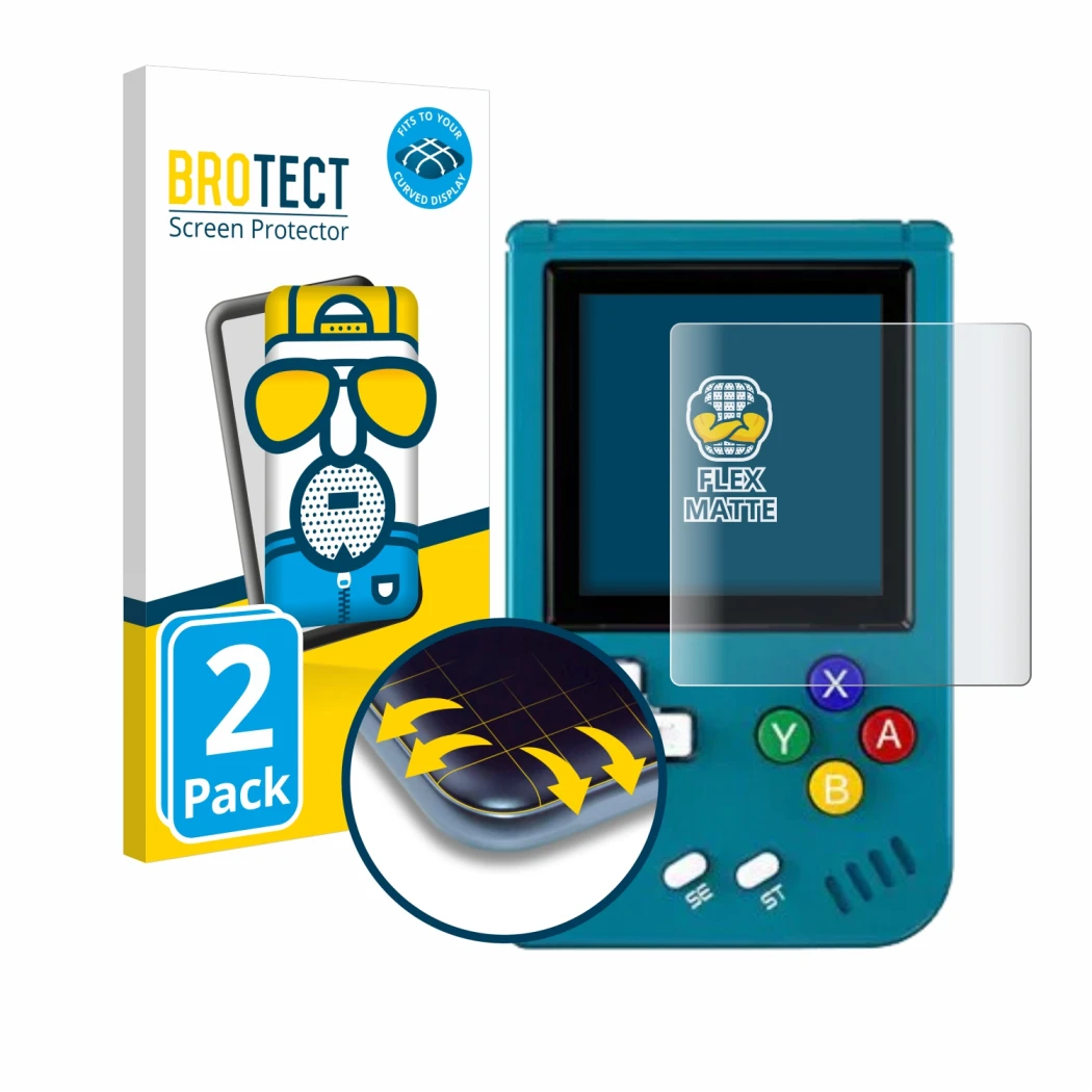 Parte frontal de un envase de producto con el logotipo de la marca BROTECT. Al lado se muestra el dispositivo Anbernic RG Nano